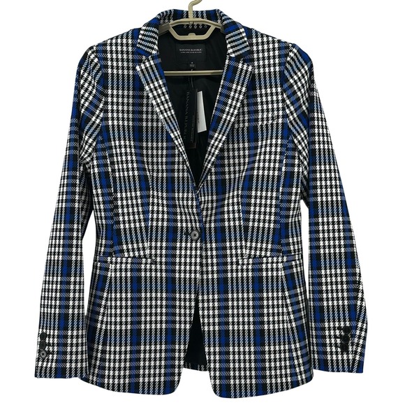 Banana Republic Womens Sz 4 Tailored Blazer/Jacket Blue White Black Plaid NEW! - Picture 2 of 16
